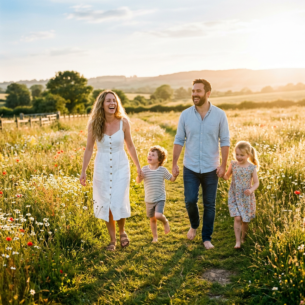Family of four holding hands walking through a wildflower meadow