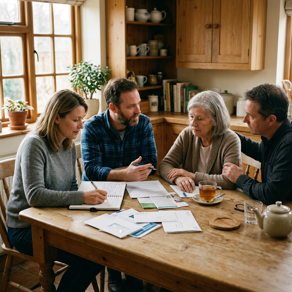 Four family members reviewing paperwork together at a kitchen table