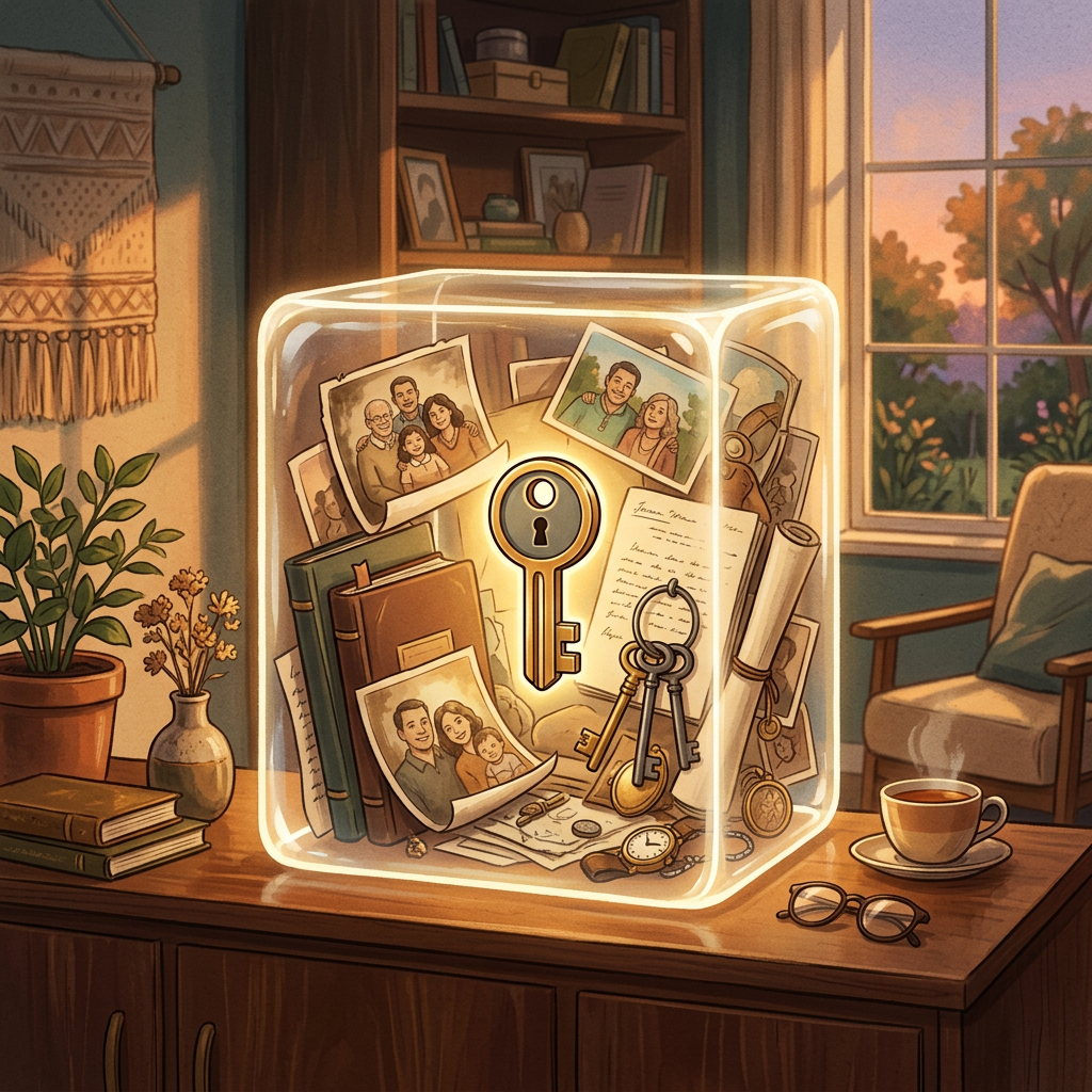 Glowing glass case filled with family photos, books, keys, and heirlooms